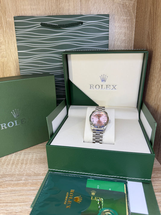 ROLEX FEMMES GRIS TABLEAU ROSE CHIFFRE ROMAIN AVEC COFFRET